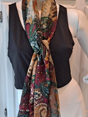 Cejon Multicolor Paisley Silk-Feel Scarf with Burgundy, Green & Gold Accents